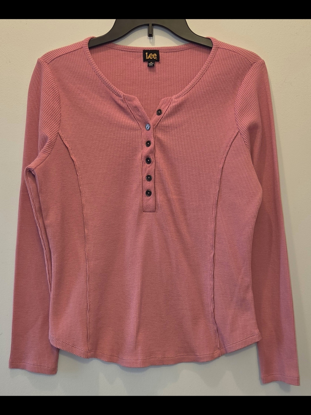 Lee Women's Pink Ribbed Henley Long Sleeve Top